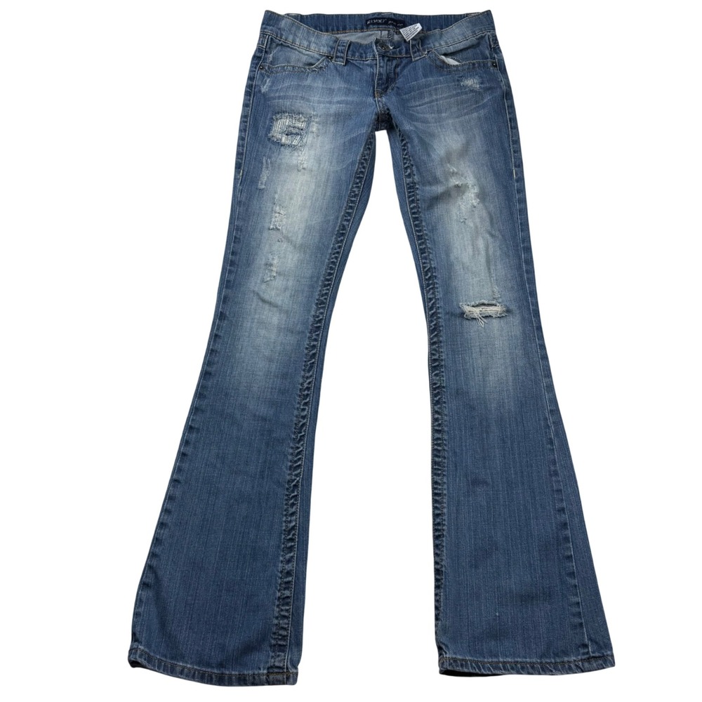 VTG Y2K Revolt Jeans Co SZ 7 Distressed Ultra Low Rise Flare Denim Distressed